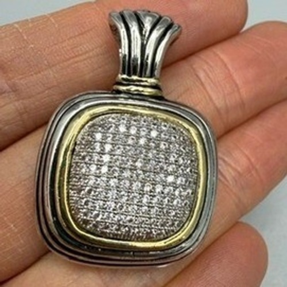 Two Tone Pave Square Pendant 1.5" Casual Chic Everyday Bling
